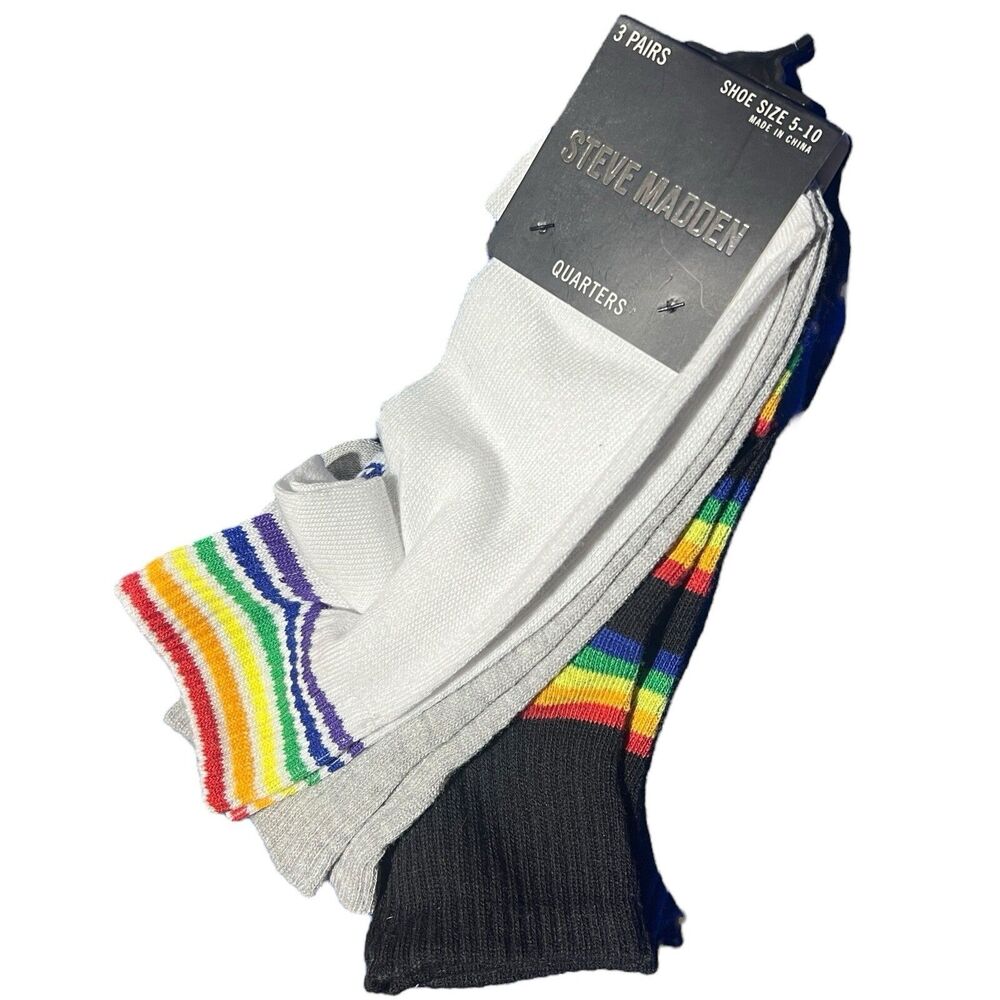 Steve Madden Socks 3 pair Adults Rainbow Quarter Multicolored Striped LGBTQIA+